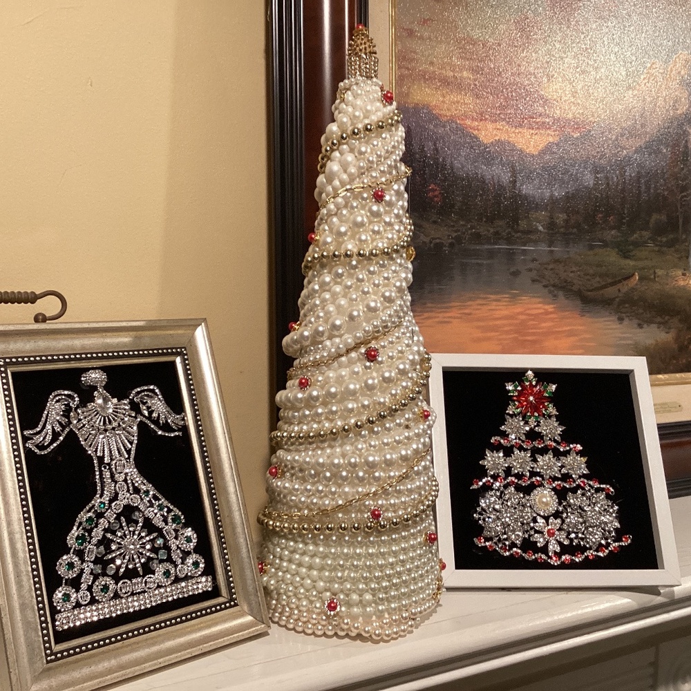 Vintage Pearl tree red highlighted with red pink beads necklaces mantle art